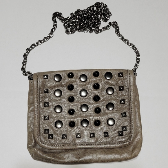 BCBGMAXAZRIA Leather Chain Strap Crossbody bag with Studs Brown Small - Picture 1 of 8